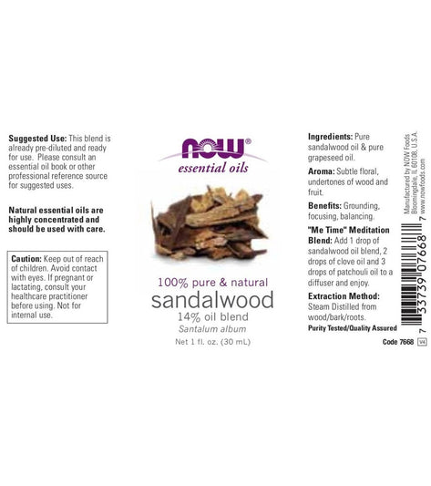 NOW 100% Pure & Natural Sandalwood Oil 14% Oil Blend 1 oz